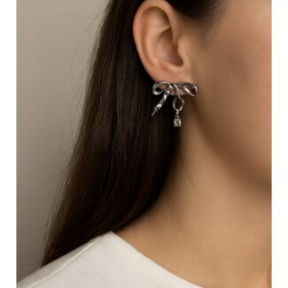Silver Bow & Rhinestone Drop Earrings