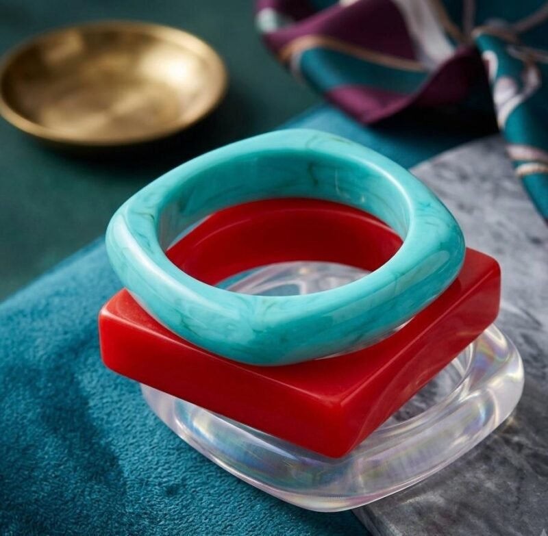 Red Rolour Color-Block Coral Red, Aqua & Frosted Resin Bangles - Acrylic hand ...